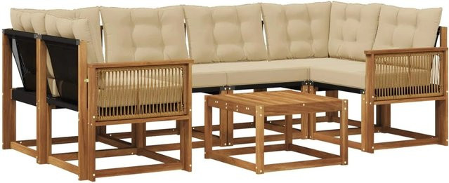 vidaXL Outdoor-Sofagarnitur L-Form aus Akazienholz mit Textilene und 7 Kissen in Natur-Beige - Bild 1