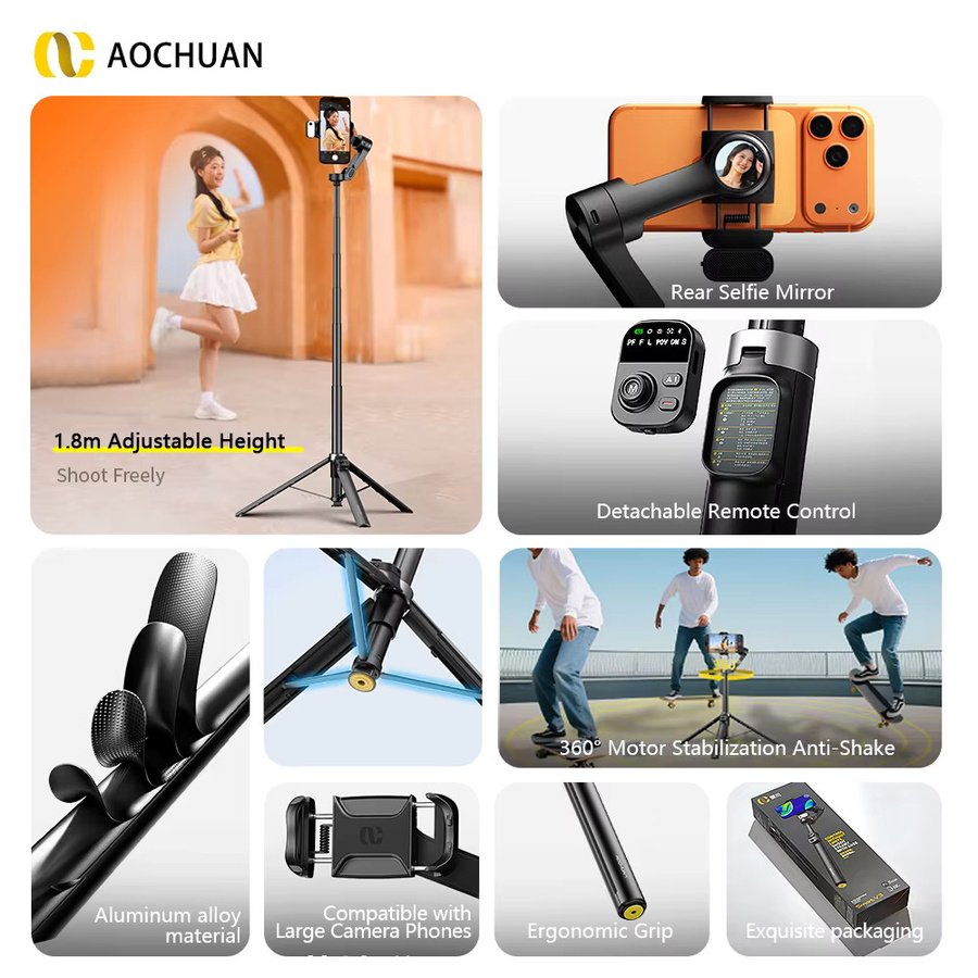 AOCHUAN Smart V3 3-Achsen-Gimbal-Stabilisator in Schwarz mit integrierter Verlängerungsstange, abnehmbarer Fernbedienung, KI-Tracking und Aufhellungslicht für Vlog-Aufnahmen - Bild 4