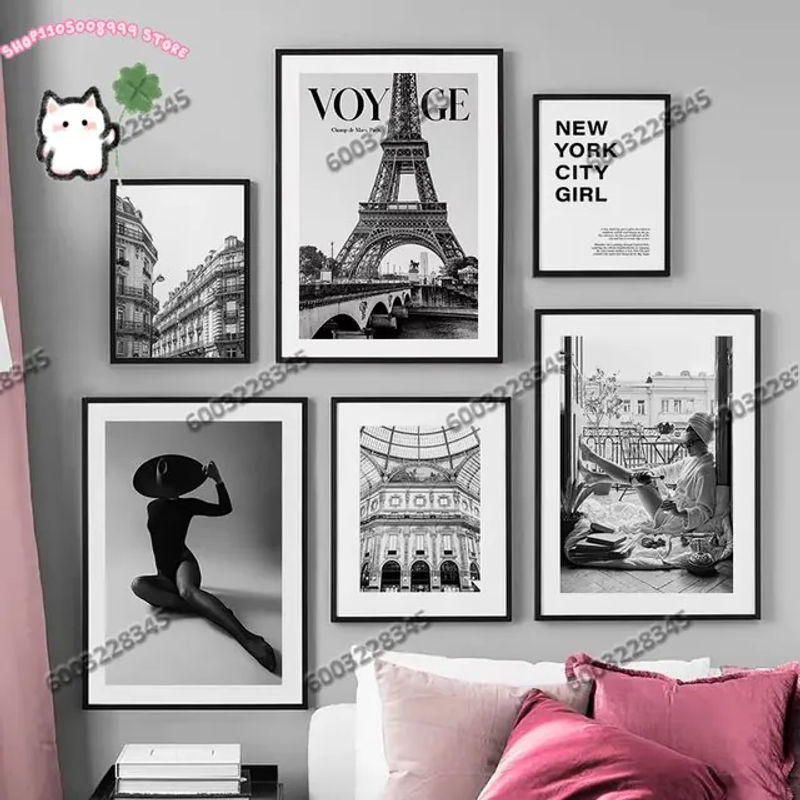Potdemiel Moderne Leinwand Wandkunst Stadtansicht Paris und New York Schwarz Weiß Rahmenlos - Bild 1
