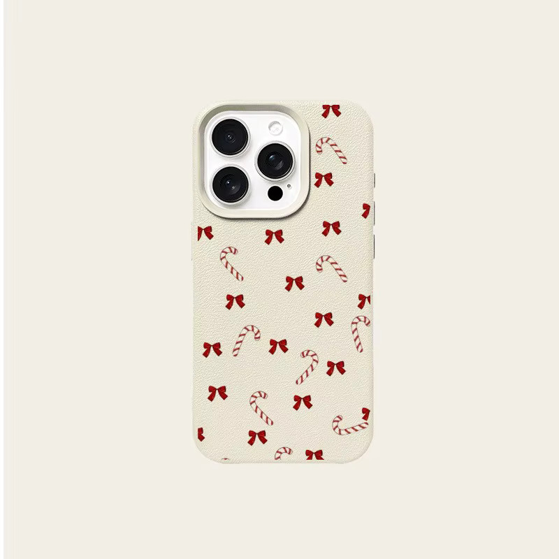 Apple iPhone Schutzhülle mit Bow-Knot Candy Cane Print und Lychee-Textur in Beige, passend für iPhone 17, 16, 15 Pro Max Plus Serien - Bild 4