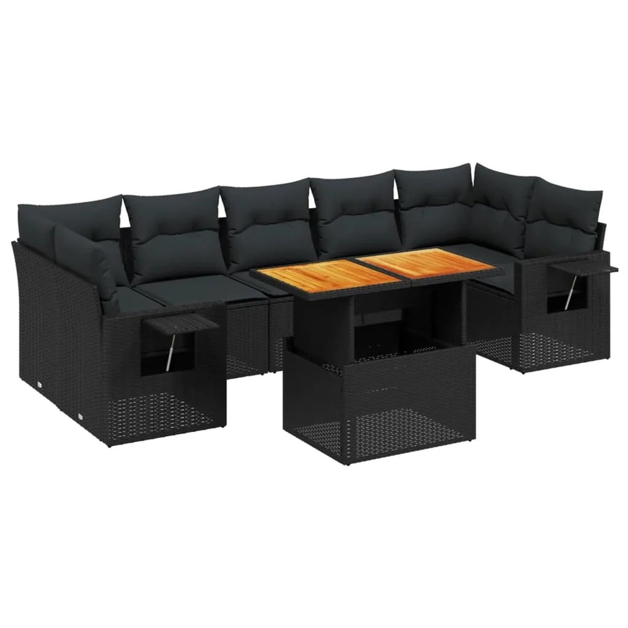 vidaXL 8-teilige Garten-Sofagarnitur in L-Form aus schwarzem Poly-Rattan mit Kissen und Akazienholz - Bild 2