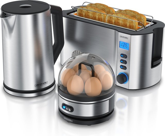 SEVENCOOK Arendo Frühstücksset in Silber mit Wasserkocher 1,5 l, 4-Scheiben Langschlitztoaster und 7er Eierkocher - Bild 1