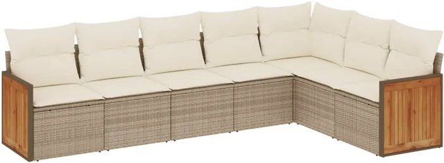 vidaXL 7-teilige Garten-Sofagarnitur in L-Form aus Poly-Rattan und Akazienholz mit Kissen in Beige - Bild 1