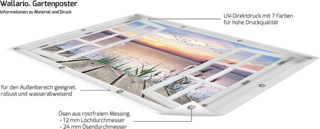 Wallario Gartenposter Seepanorama mit Schilf und fliegenden Vögeln als Fenster-Illusion, Mehrfarbig, Breite: 60 cm, Höhe: 90 cm - Bild 1
