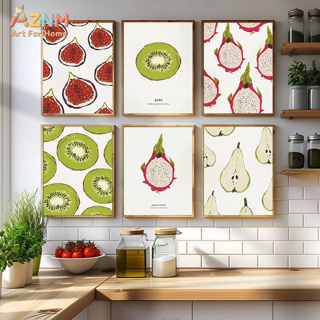 AZNM Aquarell-Obst-Leinwanddruck mit Kiwi, Feige, Drachenfrucht und Birne, minimalistische botanische Illustration als Wandposter für deine Küche, mehrfarbig, ungerahmt - Bild 1
