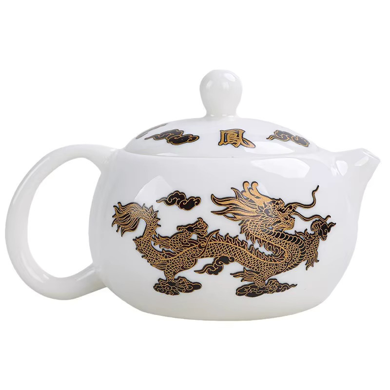 Handgefertigte Fengming Teekanne aus Wildleder-Jadeporzellan in Gold und Weiß, Xishi Dezhong Teekanne - Bild 4
