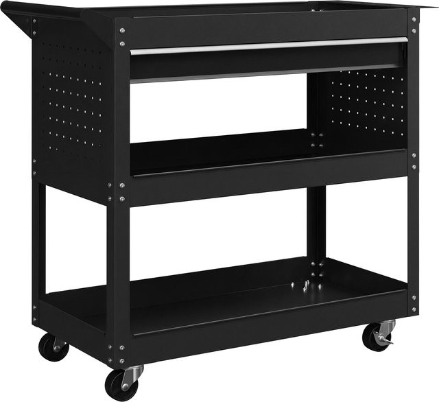 DURHAND Werkzeugwagen aus Stahlblech mit Griff, seitlichem Werkzeugpaneel, Schublade und 3 Ablagen in Schwarz, B/T/H: 82 x 35 x 76 cm - Bild 1