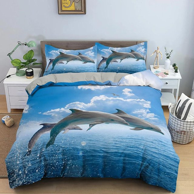 Delfin 3D-Bettwäsche-Set aus Polyester in Blau für Erwachsene, bestehend aus Bettbezug und 2 Kissenbezügen, Motiv Meereslebewesen, B/H: 133 x 70 cm, Kissenbezüge: 50 x 70 cm - Bild 1