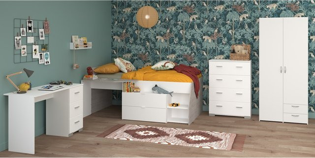 Parisot Kinderzimmer Möbelset Milky 11 4-teilig Weiß und Grey Loft mit Hochbett, Schreibtisch, Kleiderschrank und Kommode - Bild 1
