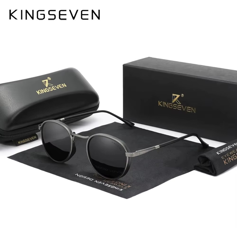 KINGSEVEN Sonnenbrille, Rund, Vollrand, Metall, Schwarz, Unisex, polarisiert - Bild 2
