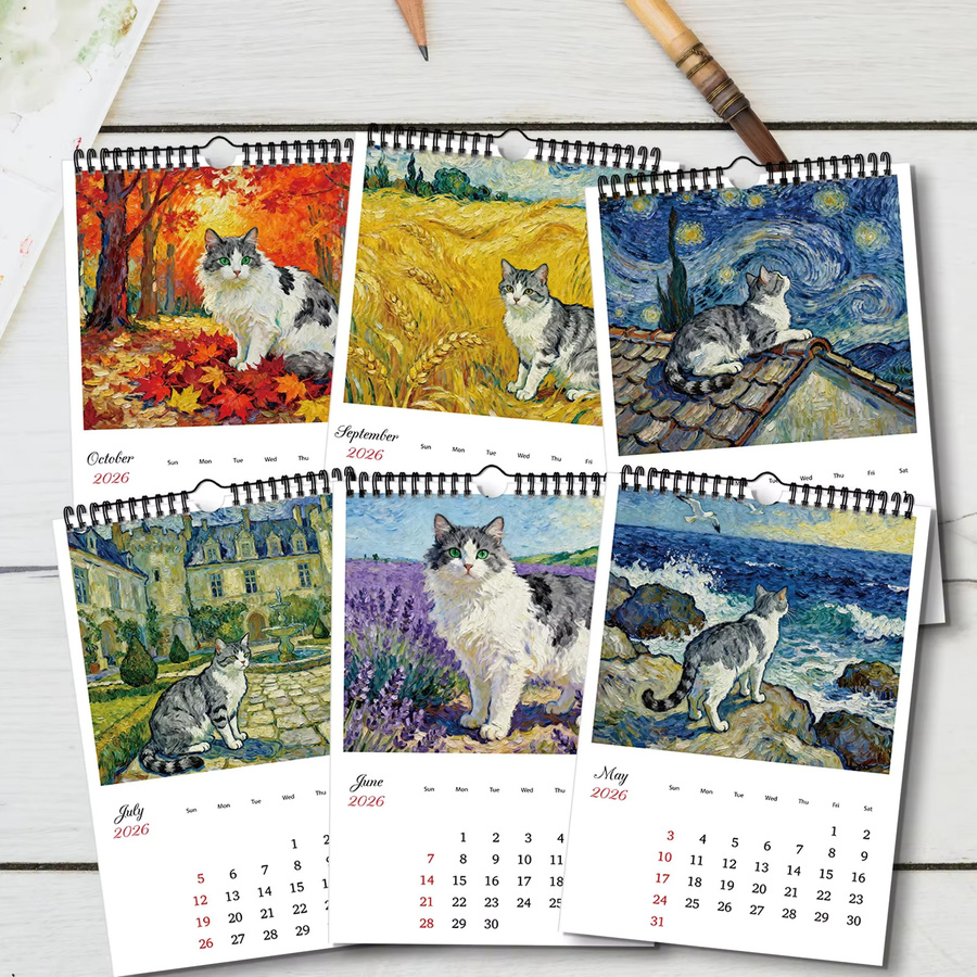 A4 Wandkalender 2026 mit Katzenölgemälde-Design, Mehrfarbig - Bild 5