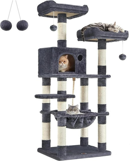 Feandrea Kratzbaum für Katzen in Rauchgrau mit Höhle und Spielzeug, Höhe: 143 cm - Bild 1