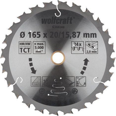 Wolfcraft Kreissägeblatt mit 24 Zähnen aus Hartmetall für Holz, Metall und Kunststoff, Durchmesser: 165 mm, Farbe: Silber - Bild 1