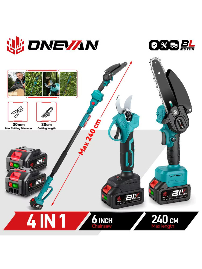 ONEVAN 3500W Bürstenlose 4-in-1 Teleskop-Kettensäge und Hochastschere als Gartenpflegewerkzeug für 21V und 18V Akku - Bild 5