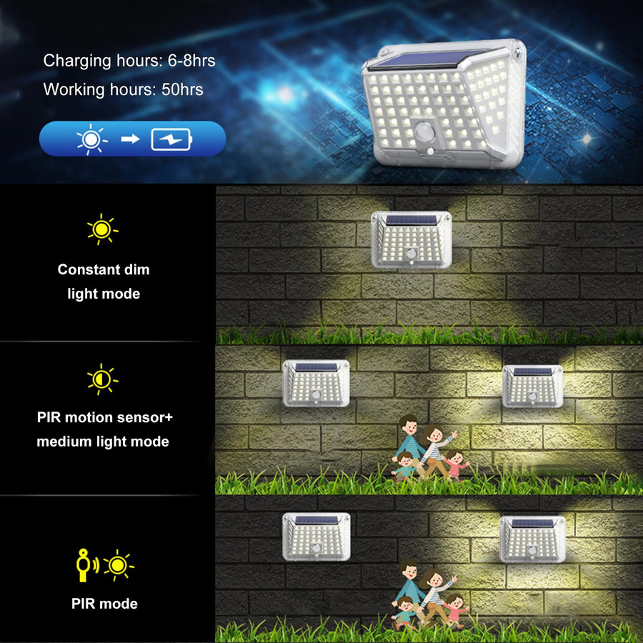TOMTOP JMS Solarbetriebene LED Außenleuchte mit 90 LEDs, Weiß, mit Bewegungssensor und 3 Beleuchtungsmodi - Bild 4