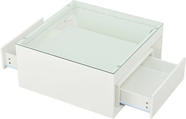 okwish Couchtisch mit LED Schubladen aus Glas in Weiß Hochglanz, B/T/H: 70 x 70 x 35 cm - Bild 1