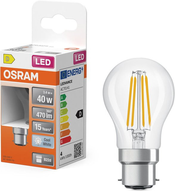 OSRAM LED Retrofit Classic P Filament Lampe B22d, 3,4W, 470 Lumen, 4000K Neutralweiß, transparent - Bild 1