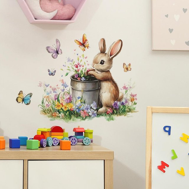 Wandaufkleber mit Cartoon Kaninchen, Blumen und Schmetterlingen in Multicolour, B/H: 30 x 40 cm - Bild 1