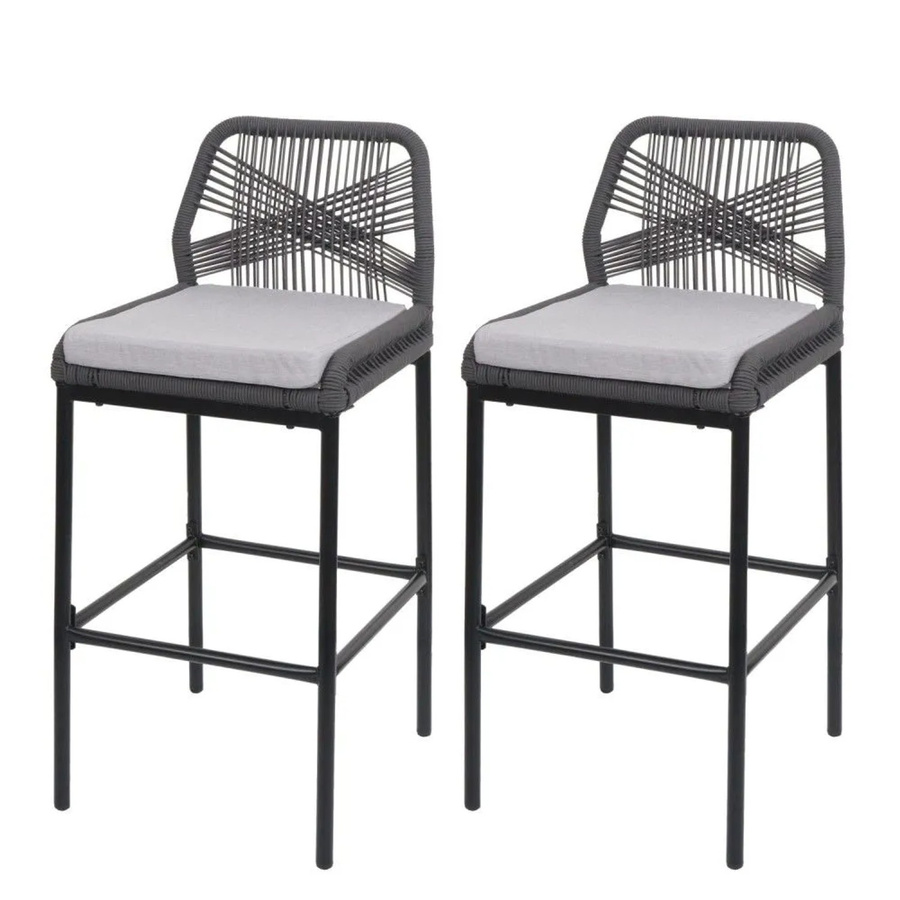 2er-Set MCW Rope-Barhocker O21 aus Metall mit Seilgeflecht in Anthrazit und hellgrauen Sitzkissen B/T/H: 52 x 45 x 101 cm - Bild 3