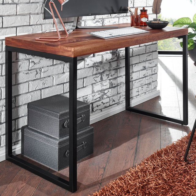 Schreibtisch FineBuy aus Massivholz Sheesham in Braun im Industrial-Design, B/T/H: 117 x 59 x 76,5 cm - Bild 1