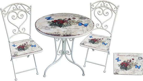Garden Pleasure Bistro-Set Floral 3-teilig aus Stahl in Weiß für Garten, Balkon und Terrasse