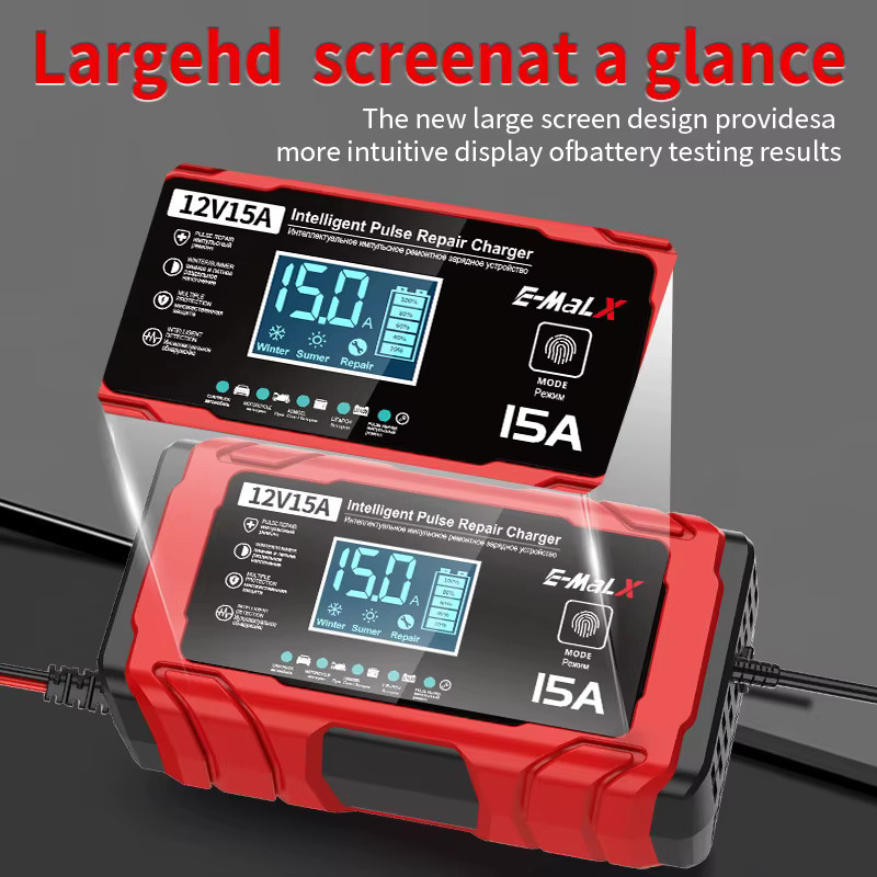 WAPUNO Intelligentes 12V 15A Autobatterie Ladegerät mit Puls-Reparaturfunktion für LiFePO4, Blei-Säure, AGM, GEL und Lithium-Batterien in Rot - Bild 3