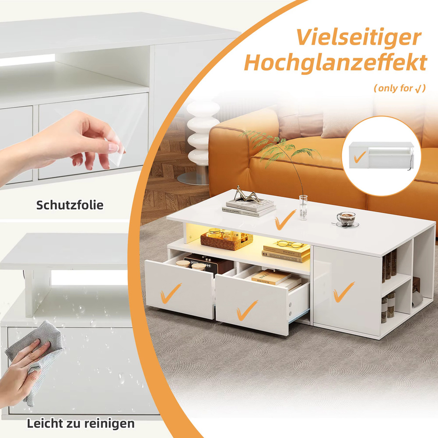 LED-Couchtisch in Weiß mit 2 Schubladen und Stauraum, B/T/H: 100 x 50 x 35 cm - Bild 3