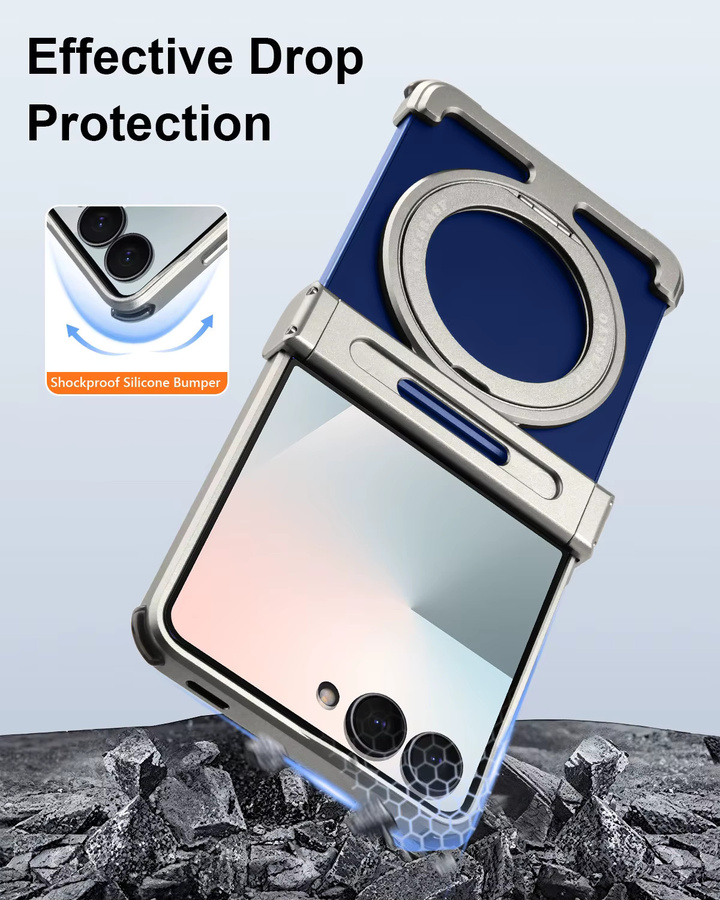 Stoßfeste Samsung Galaxy Z Flip 7 Handyhülle mit drehbarem Magnetring-Kickstand in Schwarz oder Blau - Bild 3