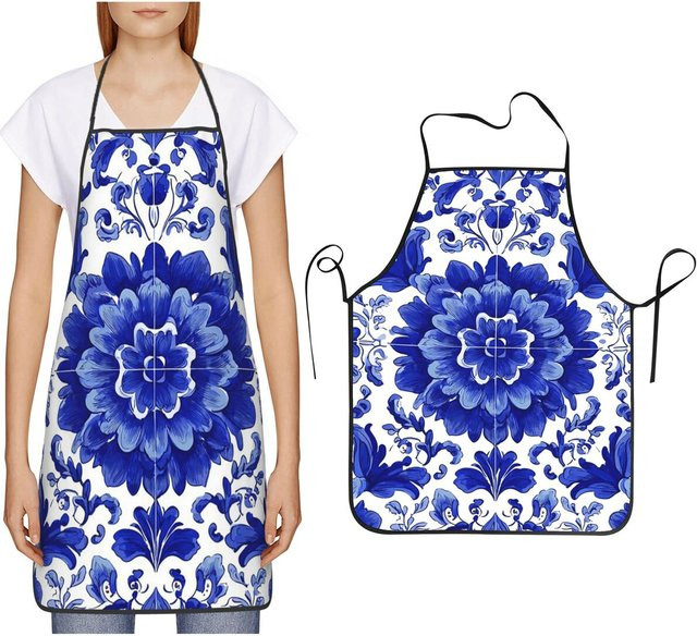 Unisex Küchenschürze mit blauem Delfte-Fliesenmuster und Vintage-Blumenprint - Bild 1