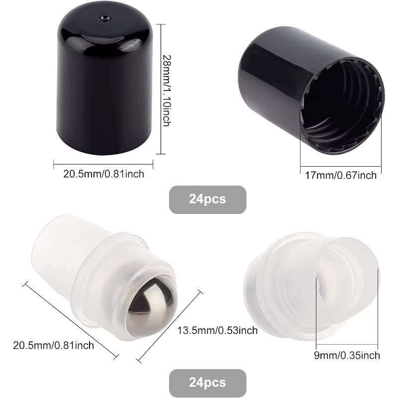 24 Sets Rolleneinsätze für ätherische Öle, Edelstahl-Rollerkugeln und schwarzer Flaschenverschluss, 5–15 ml - Bild 2