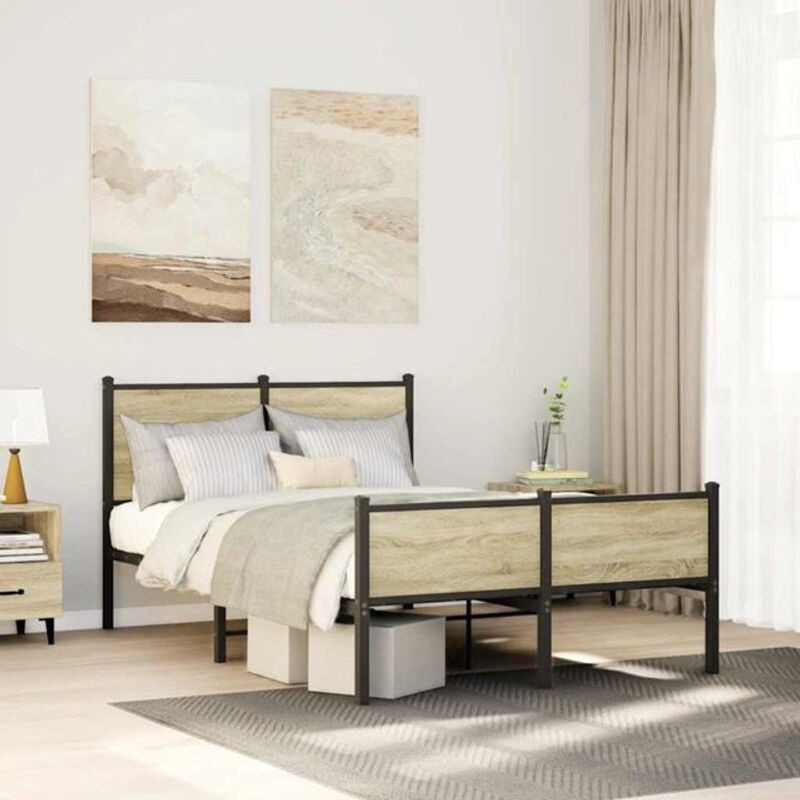 Metallbett Vidaxl in Sonoma-Eiche Natur und Braun im Industrial-Stil, B/T/H: 120 x 190 cm - Bild 1