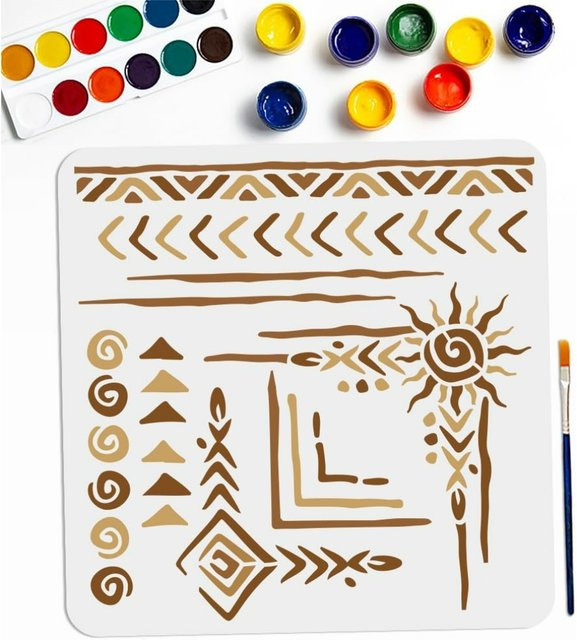 Stammes-Totem-Schablone mit geometrischem Rand und Pinsel im Boho- und Azteken-Stil, B/B: 30 x 30 cm - Bild 1