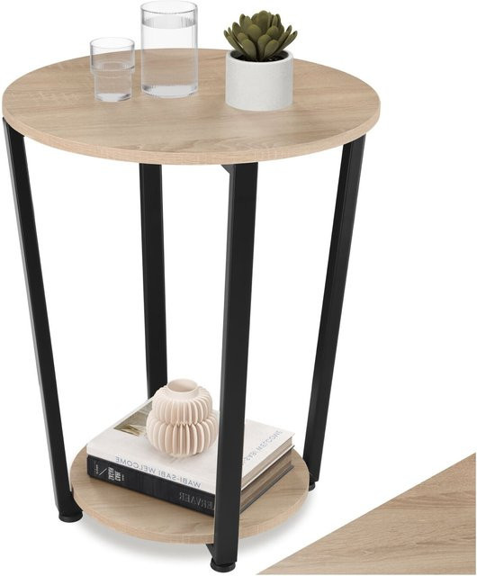 tectake Beistelltisch Swindon Industrial Style rund mit zwei Ablagen aus Holz und Stahl, Farbe Hellholz/Schwarz, B/T/H: 50 x 50 x 62,5 cm - Bild 1