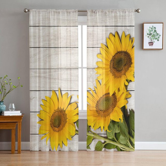 Transparentes Voile-Tüll-Vorhang mit Sonnenblumen-Design in Weiß, Breite: 135 cm, Höhe: 137 cm - Bild 1