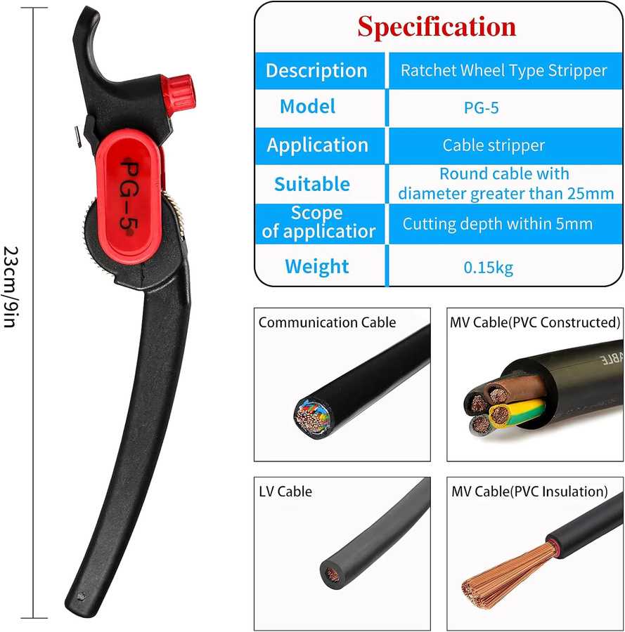 PG-5 Kabelabisolierzange mit Ratschenfunktion für runde Kabel ab 25mm in Schwarz - Bild 2