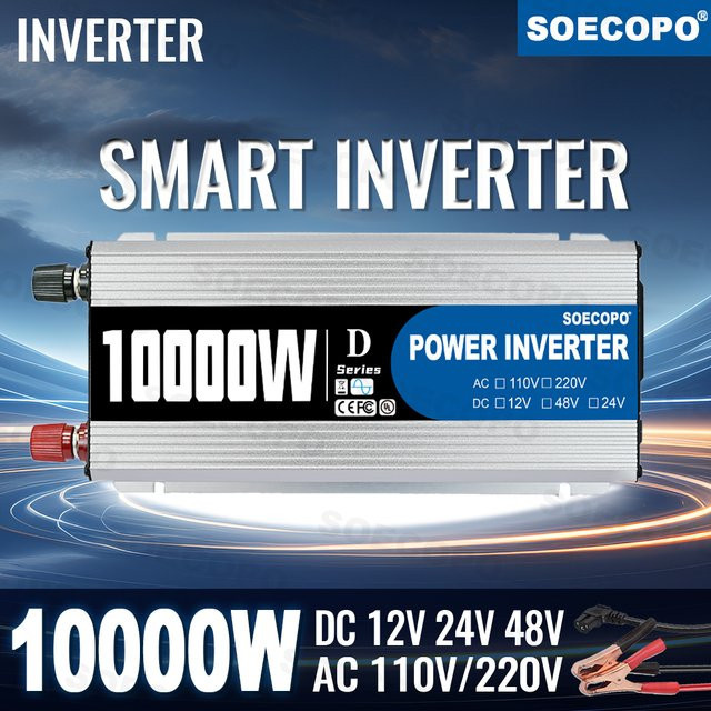 Soecopo 10000 W Spitzen-Wechselrichter DC 12 V/24 V/48 V zu AC 110 V/220 V in Silber mit USB-A und USB-C Anschlüssen, LCD-Display und intelligentem Lüfter für Wohnmobil und Camping - Bild 1