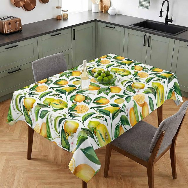 JMG Household Supplies Rechteckige Tischdecke Sommer Zitrone und Grüne Blätter, Farbe: Weiß/Grün, B/T: 140 x 200 cm - Bild 1