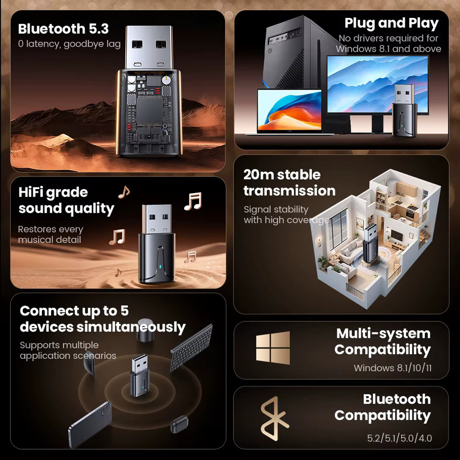 Elough Bluetooth 5.3 USB-Adapter in Schwarz für Computer-Desktop zur gleichzeitigen Verbindung von Kopfhörern, Maus und Tastatur - Bild 2