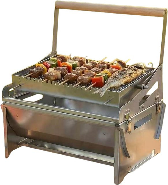 Tragbarer Holzkohle-Tischgrill aus Edelstahl in Silber mit 360-Grad-Drehung, B/T/H: 40,0 x 39,0 x 28,0 cm - Bild 1