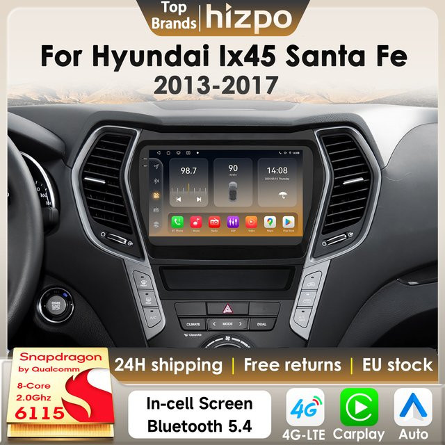 Hizpo AI 2Din Android 14 Autoradio für Hyundai Ix45 Santa Fe 2013-2017 mit Qualcomm Snapdragon 6115, GPS und 4G, Farbe: Schwarz - Bild 1