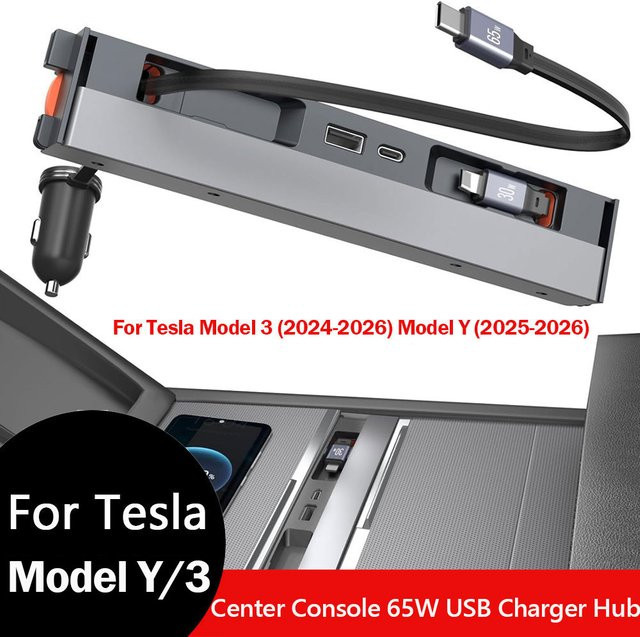 MIYOKAKING Ausziehbarer USB-C Mittelkonsolen-Hub für Tesla Model Y Juniper 2026 und Model 3 Highland, Schnellladestation in Schwarz - Bild 1