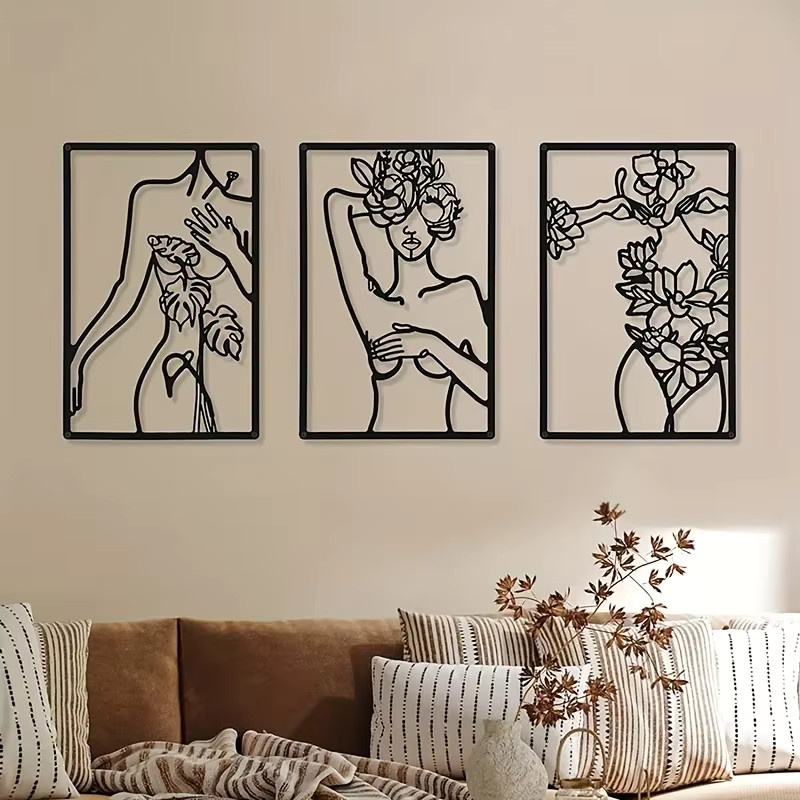 Hello Young 3-teiliges minimalistisches Wandkunst-Set aus Metall mit abstrakter Frauen-Linienzeichnung in Schwarz - Bild 2