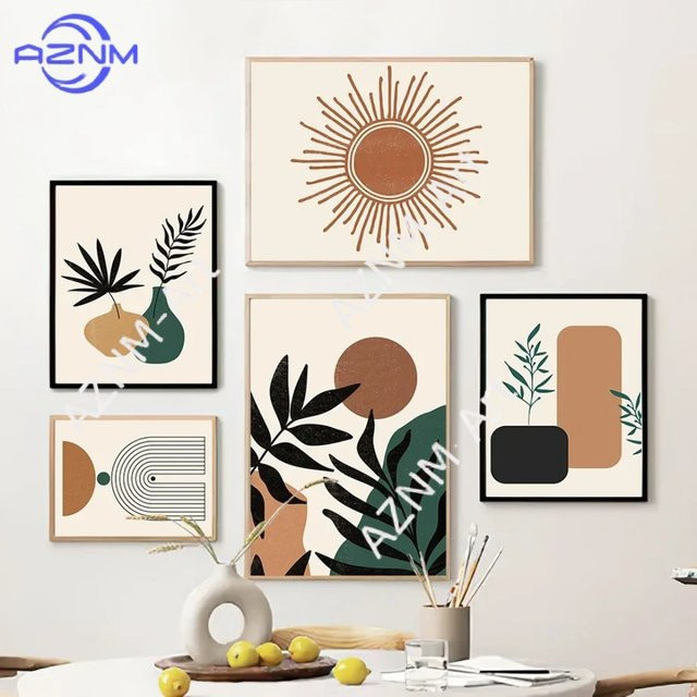 KAYOU Boho Wandkunst Leinwanddruck mit geometrischen Formen, Blättern und Sonne in Multicolour als abstrakte nordische Poster-Dekoration für dein Wohnzimmer - Bild 1