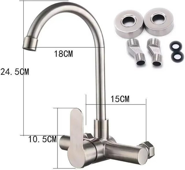 Chic Home Küchenarmatur aus Edelstahl für die Wandmontage, Einhebelmischer mit 360 Grad schwenkbarem Auslauf, Farbe: Silber, gebürsteter Stahl, Höhe: 24,5 cm, Breite: 18,0 cm - Bild 1