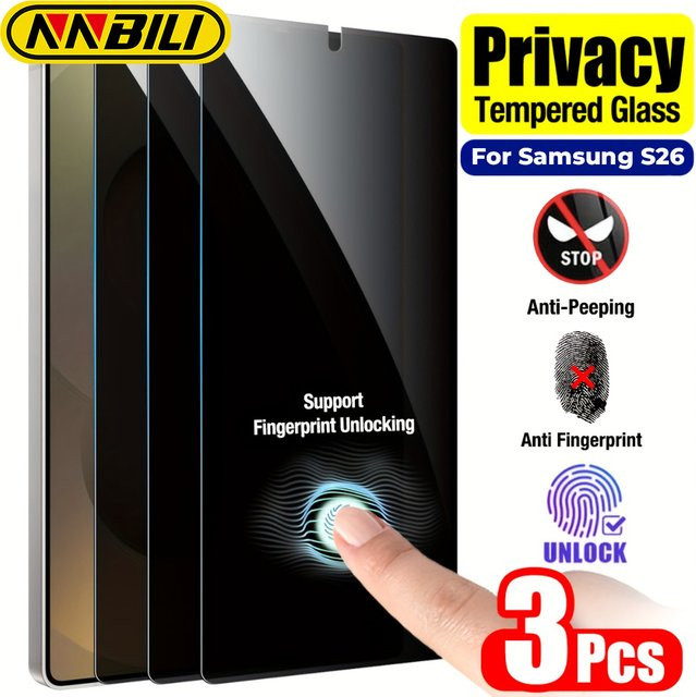 NNBILI 3er-Pack Sichtschutz Panzerglas für Samsung Galaxy S26, S26Plus, S26Edge und S26 Ultra, transparent, kompatibel mit Fingerabdruck-Entsperrung - Bild 1