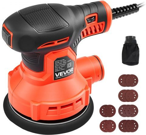 VEVOR Exzenterschleifer 250W mit 127mm Schleifteller, 6-stufige Drehzahlregelung 6000-12000 U/min, Orange, inklusive 16 Schleifpapiere und Staubbeutel - Bild 1