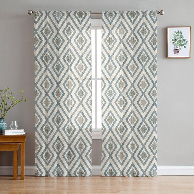 Super Six Voile Gardine mit handgezeichnetem Rauten-Geometrie-Muster in Weiß, Breite: 135 cm, Höhe: 114 cm - Bild 1