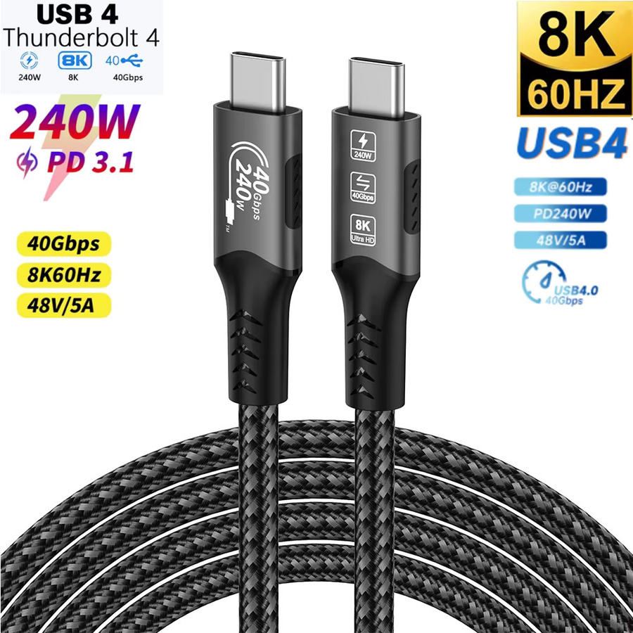 FDBRO USB4-Kabel USB-C auf USB-C in Schwarz mit 240 W Schnellladefunktion, unterstützt Thunderbolt 4/3, 8K 60 Hz und 40 Gbit/s Datenübertragung - Bild 2