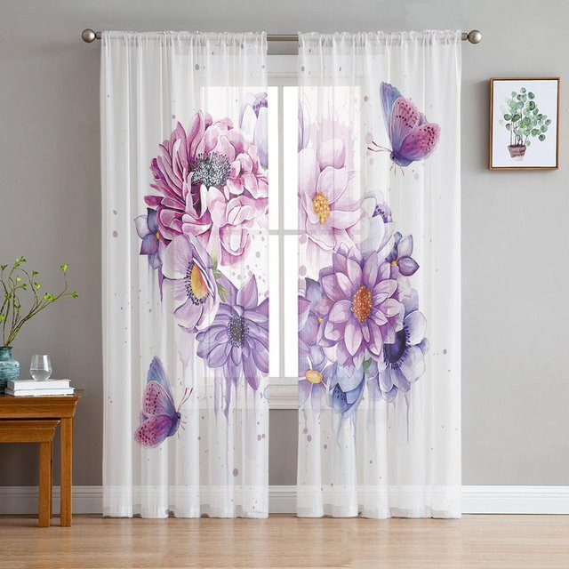 Transparente Tüll-Voile-Vorhänge von Household supplies MH mit lila Blumen und Schmetterlingen im Aquarell-Design, Breite: 135 cm, Höhe: 115 cm - Bild 1