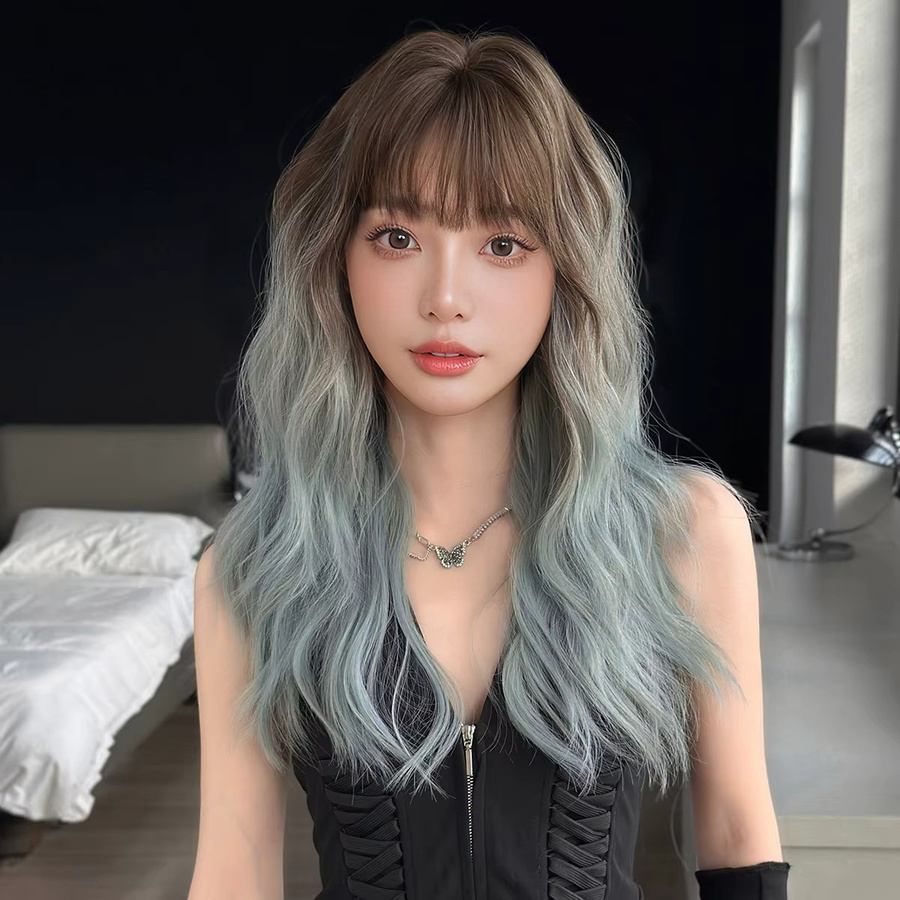 7JHH WIGS Perücke, schulterlange Wasserwellen, Braun-Ombre-Blau, Damen - Bild 2